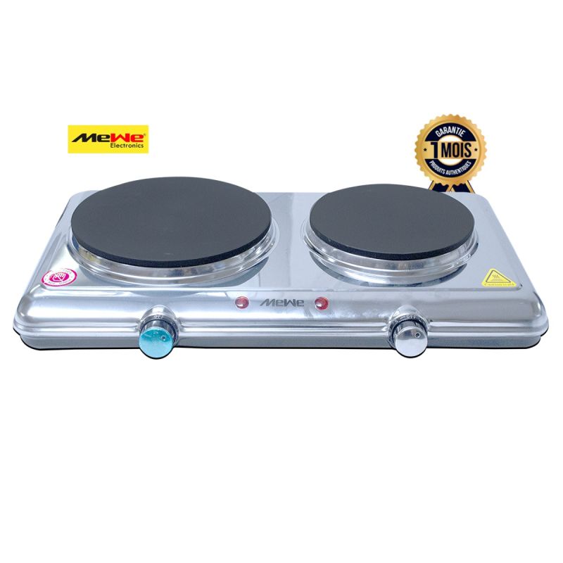 Plaque de Cuisson électrique MEWE - Deux foyers - 46,5 x 29 cm - MWKCA-EPS2502MT - 2500 W - Compatible avec tout type de marmite -  Argent - Garantie 1 mois