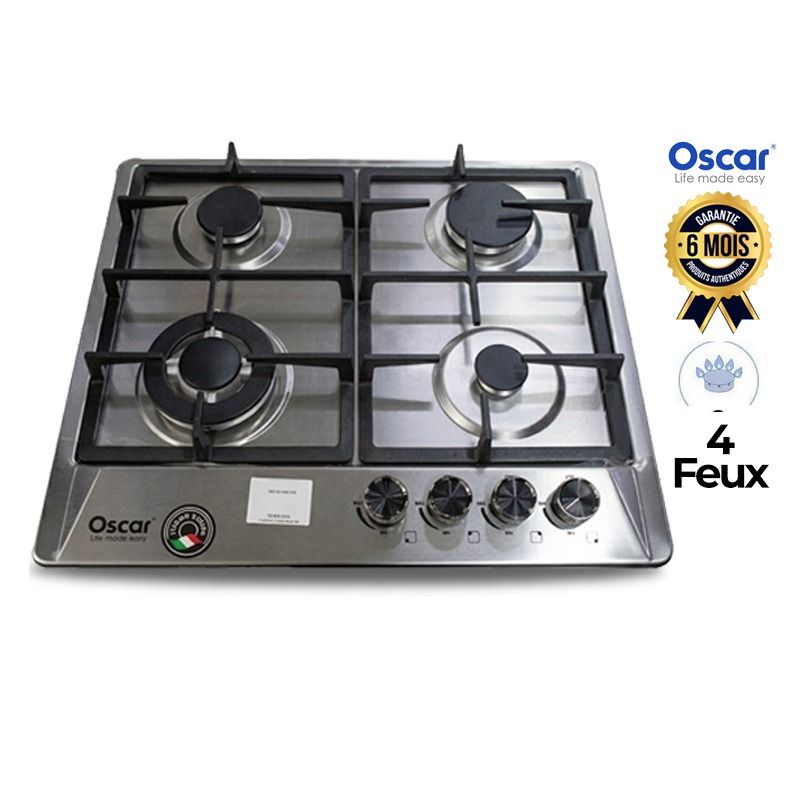 Plaque à Gaz Encastrable Oscar - 60 cm - 4 Feux - Table Inox, grilles en fonte, allumage automatique, garantie 6 mois, prix Cameroun. 