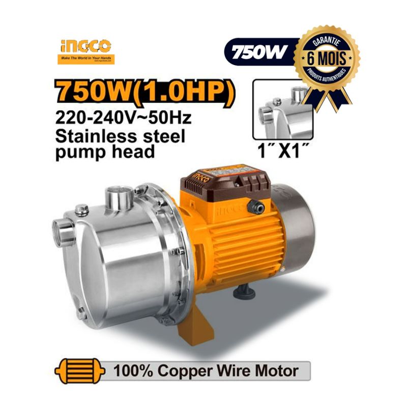 Pompe à eau à jet auto-amorçante prix en fcfa - 750 W - Acier inoxydable - INGCO JPS075082| Glotelho Cameroun