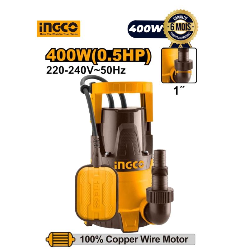 Pompe à Eau Submersible INGCO SPC4008 – 400W, avec moteur en cuivre, tuyau 1", garantie 6 mois, meilleur prix au Cameroun. 