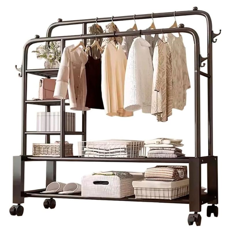 Porte‑vêtements / Porte-manteaux – Double tringle en Métal noir – avec étagère à chaussures – 130/150 cm – Charge max 45 kg