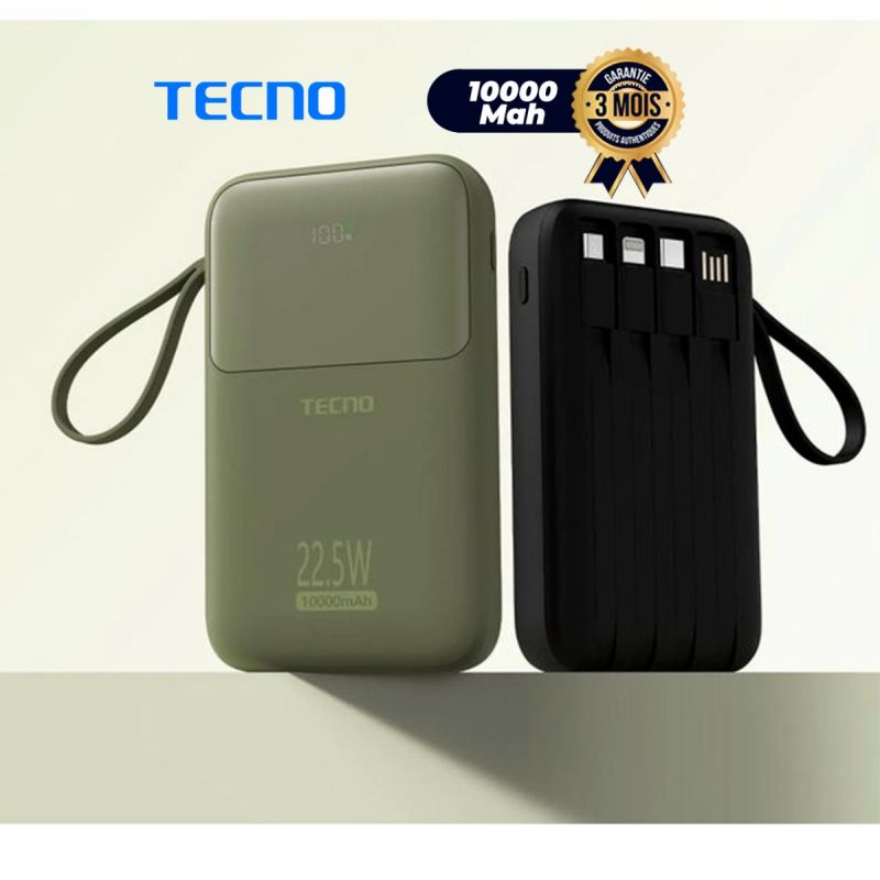Powerbank TECNO 10000 mAh - S101Q - Charge rapide 22,5W - Affichage LED - Câbles intégrés - 3 Entrées - 6 Sorties - Garantie 3 Mois