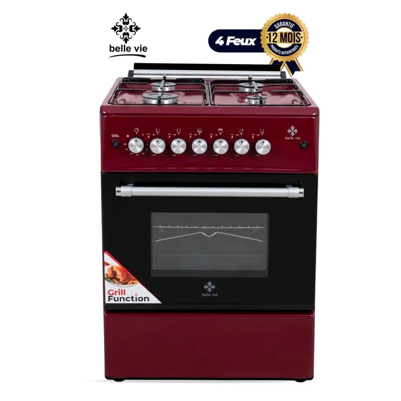 Cuisinière à Gaz BELLE VIE – F6TL40G2-RD/IX Classic – 60x60 cm – 4 Foyers – Rouge avec Table Inox – Four à Gaz Double Chauffe, Gril & Tournebroche – Minuterie – Allumage Électrique – Grilles en Fonte – Garantie 12 mois