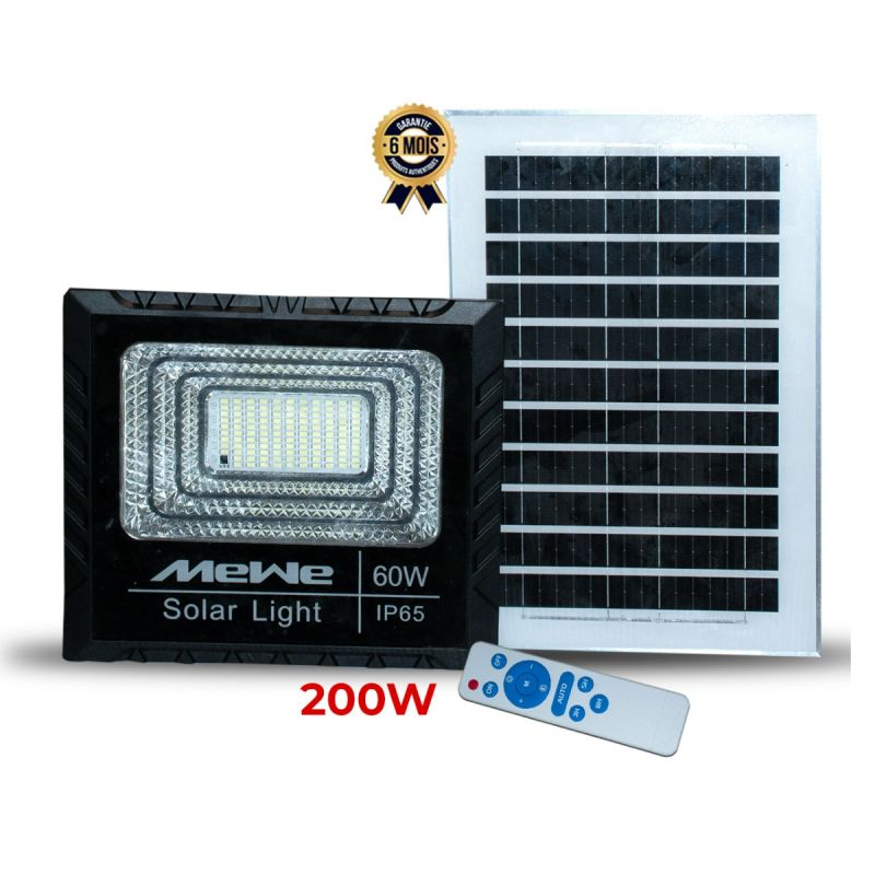 Projecteur Solaire 200W Prix en fcfa - MEWE MWLL-FDL60-SOLAR - IP65 - Contrôle de lumière intelligent - 6 Mois - (Prix en fcfa) | Glotelho Cameroun