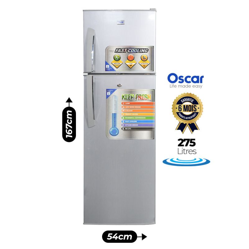 Réfrigérateur 2 portes Oscar- OSC-R325S - 275 L- Economique en énergie (A) - Gris Claire | Glotelho Cameroun