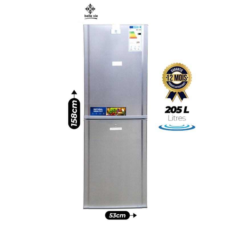 Réfrigérateur combiné (congélateur en bas) - BELLE VIE - 205 L, finition argent, garantie 12 mois, prix Cameroun. 