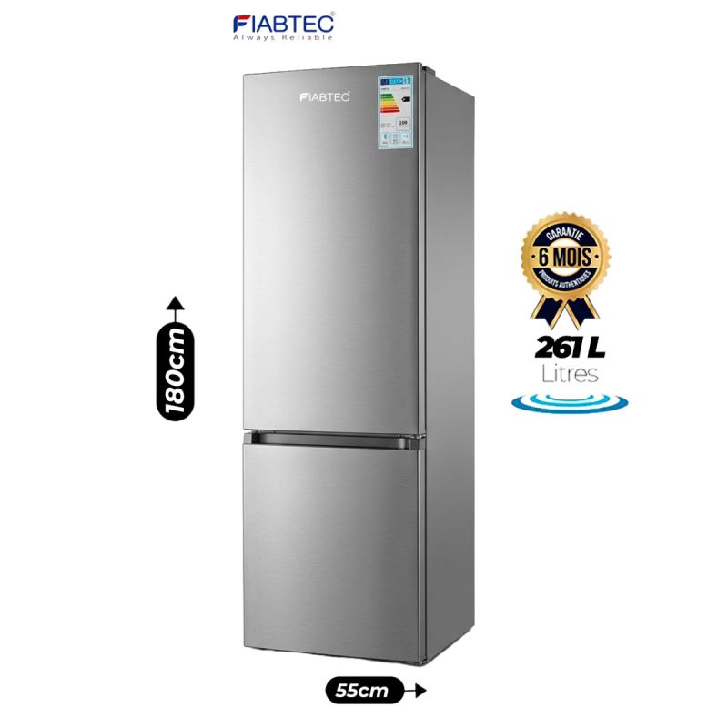 Réfrigérateur Combiné - FIABTEC FTDF-380R - 261L - Classe A+ - Congélateur Bas 3 Tiroirs - 3 Clayettes en Verre - Gaz R600a - Finition Inox - Garantie 6 Mois 