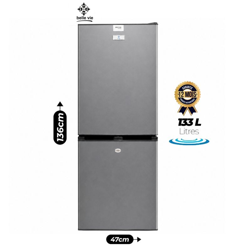 Réfrigérateur Combiné BELLE VIE BVF-219 - 133 Litres - Classe A+ - Congélateur en bas - 190 kWh/an - 42 dB - Silver - Garantie 12 Mois