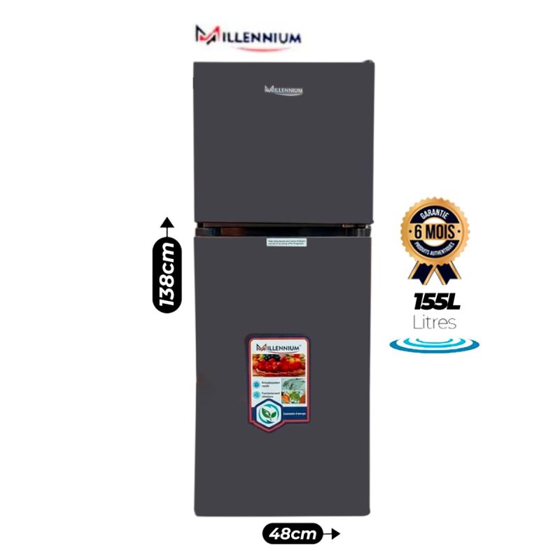 Réfrigérateur Combiné Millenium RF‑155SS – 155 L – Double Porte – Compact & Silencieux – Gris – Garantie 6 mois