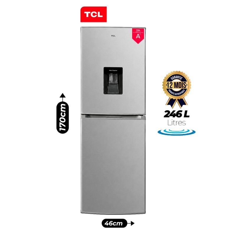 Réfrigérateur Combiné TCL F322BFS - 246 Litres ·A+ Réfrigérateur 143L - Très Grand Congélateur 103L - Congélateur en Bas - Distributeur d'Eau Intégré - R600a - Silver - Garantie  12 Mois