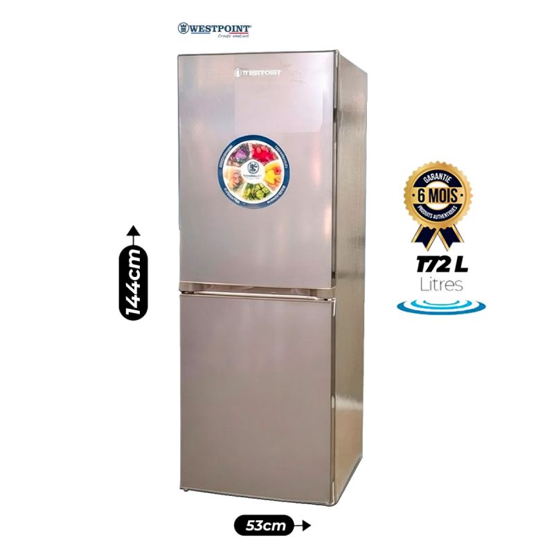  Réfrigérateur Combiné WESTPOINT WCNN-1924.EZ -172L - Congélateur Bas 2 Tiroirs - Classe Climatique T Tropicalisée - Gaz R600a - Finition Inox - Garantie 6 mois