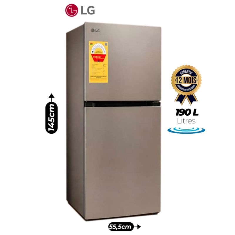 Réfrigérateur double portes - LG - GCFB195PQCF - 190 Litres - Smart Inverter - Fast Cooling - Clayettes en verre trempé - Silver - Garantie 12 Mois