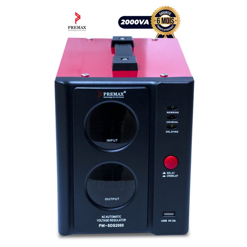 Régulateur de tension PREMAX 2000VA – PM-SDG2000 – Avec Port USB intégré – Rouge – Garantie 6 mois