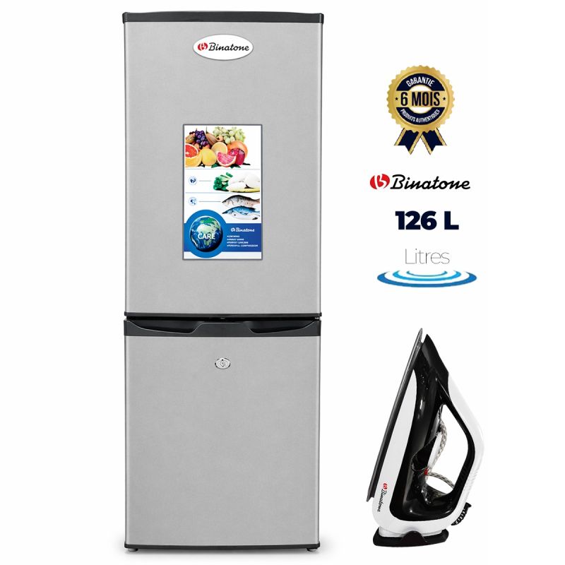 Pack Binatone Réfrigérateur Combiné FR160 126L Double Porte + Fer à Repasser DI-1255 MK2 1100-1300W Offert – Garantie 6 Mois