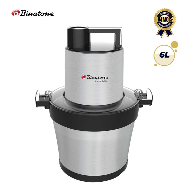 Robot culinaire Multifonction BINATONE 6L - KC-6000 - 1000W - 2 Vitesses - Lames Inox Quad Blade - Bol Inox - Grande Capacité - Pileuse Igname & Fufu - Sécurité Anti-surchauffe - Argent - Garantie 4 mois