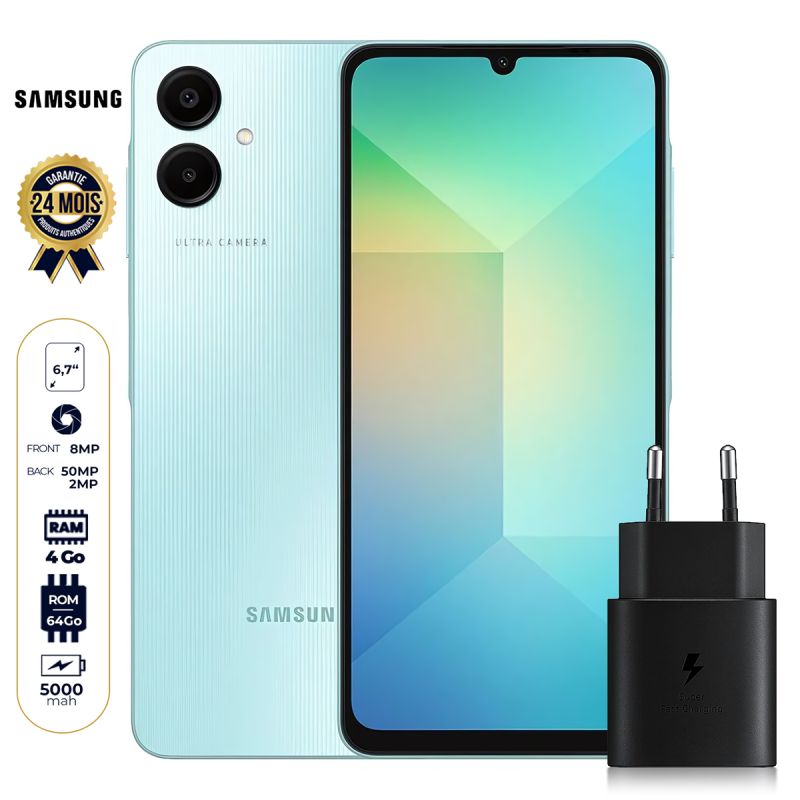 Samsung Galaxy A06 - 64 Go - 4Go RAM + Boitier de recharge original Samsung