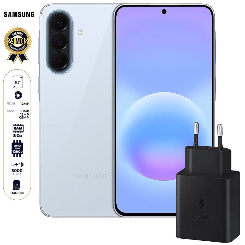 Samsung Galaxy A57 5G - 128 Go - 8Go RAM - 50MP - 5000mAh - Garantie 24 Mois + Boitier de charge Samsung 45W USB-C pour Samsung galaxy S25 Ultra , S24 ultra , S23 ultra , S22 ultra - Garantie 3 mois
