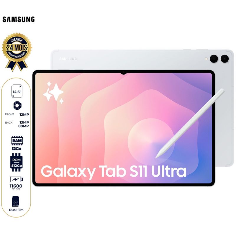 Samsung Galaxy Tab S11 Utra 5G - 512 Go - 12 Go RAM - 14.6" - Nano SIM + eSIM - 13MP +8MP/ 12MP - 11600 mAh - Garantie 24 mois