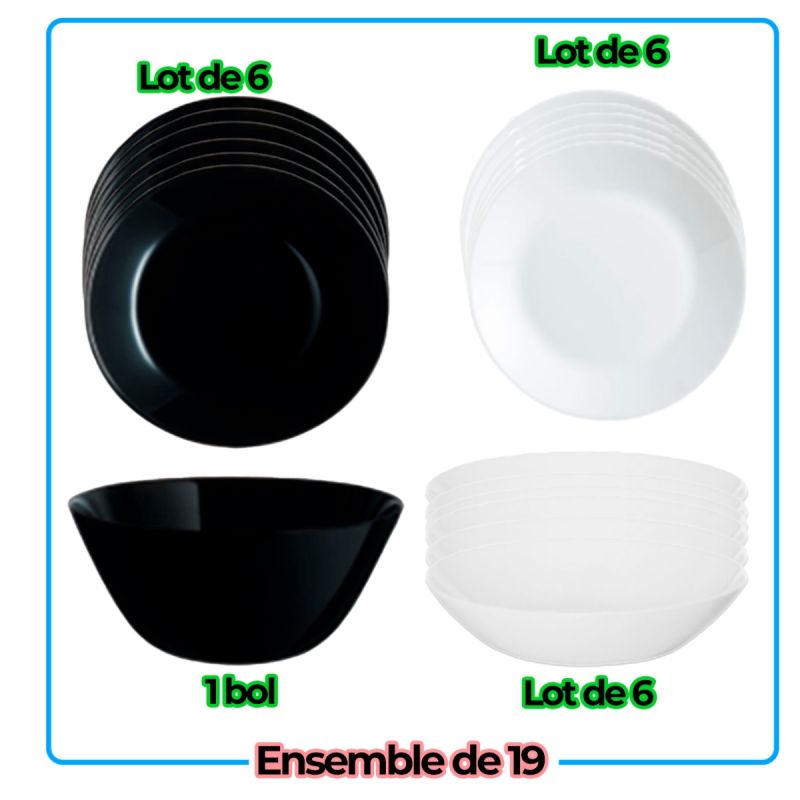 Service de Table 19 Pièces en Verre Opale - LUMINARC (V8563) - 6 Assiettes Plates + 6 Assiettes Creuses + 6 Assiettes à Dessert + 1 Grand Saladier - Design Bicolore Noir et Blanc
