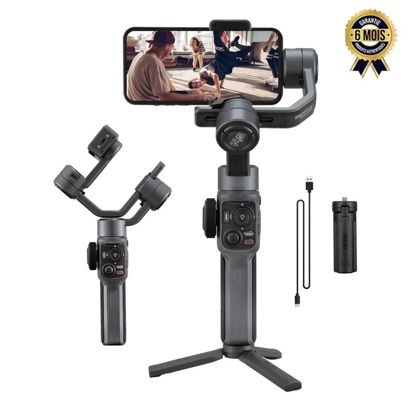 Stabilisateur Gimbal Smartphone 3 Axes Professionnel Zhiyun Smooth 5 – Suivi IA Face/Object Tracking – 2 Lumières Magnétiques 5500K – Focus/Zoom – Autonomie 25H – Batterie 2600 mAh – Mini Trépied – Garantie 6 Mois