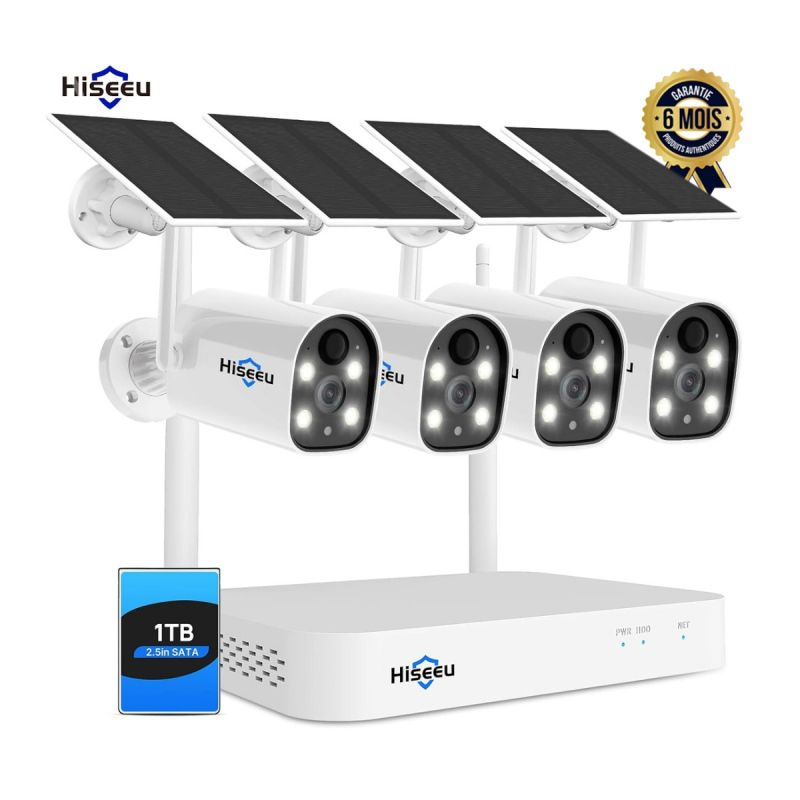 Systeme de 4 caméras bullets sans fil Hiseeu - 4 MP HD - Avec batterie et panneau solaire - 6 Mois