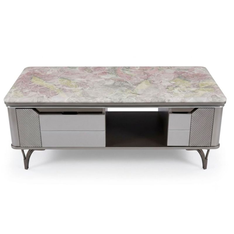 Table Basse 120×60×46 cm - HB2510126 - Plateau en marbre gris - Finition mate - Espaces de rangement intégrés - Livrée non montée