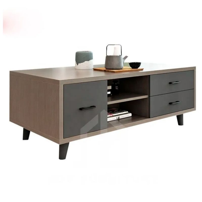 Table Basse Centrale de Salon Modèle 704 - 120 cm - 2 Tiroirs & Niches de Rangement - Gris et Effet Bois - Livré non monté