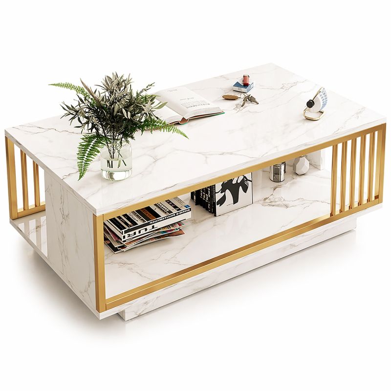 Table basse moderne avec structure noire – plateau en marbre – 2 étages – Blanc