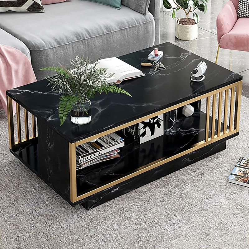 Table basse moderne avec structure noire – plateau en marbre – 2 étages – Noir
