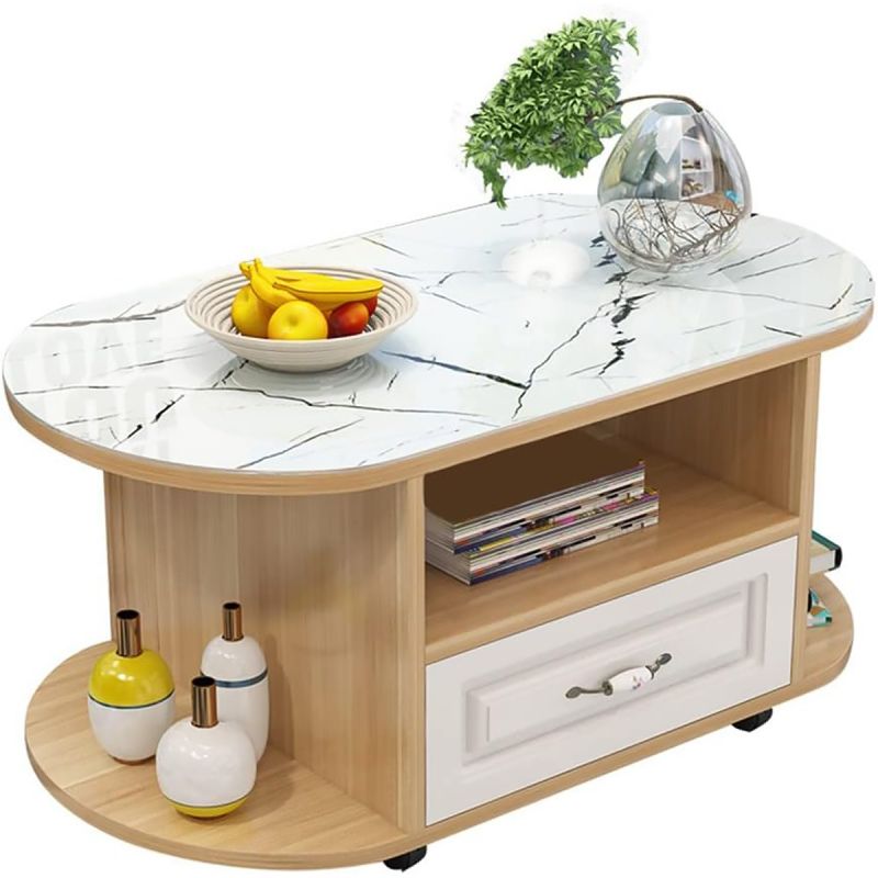 Table Basse ovale avec plateau en verre - TB0011 - Blanc et Marron - 80x41x46 cm - Montage facile