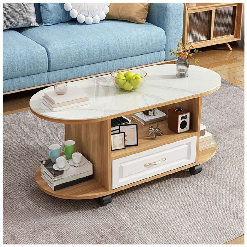 Table basse ovale sur roulettes, à 3 niveaux avec étagères de rangement et 1 tiroir; marron blanc, vendu sur Glotelho.