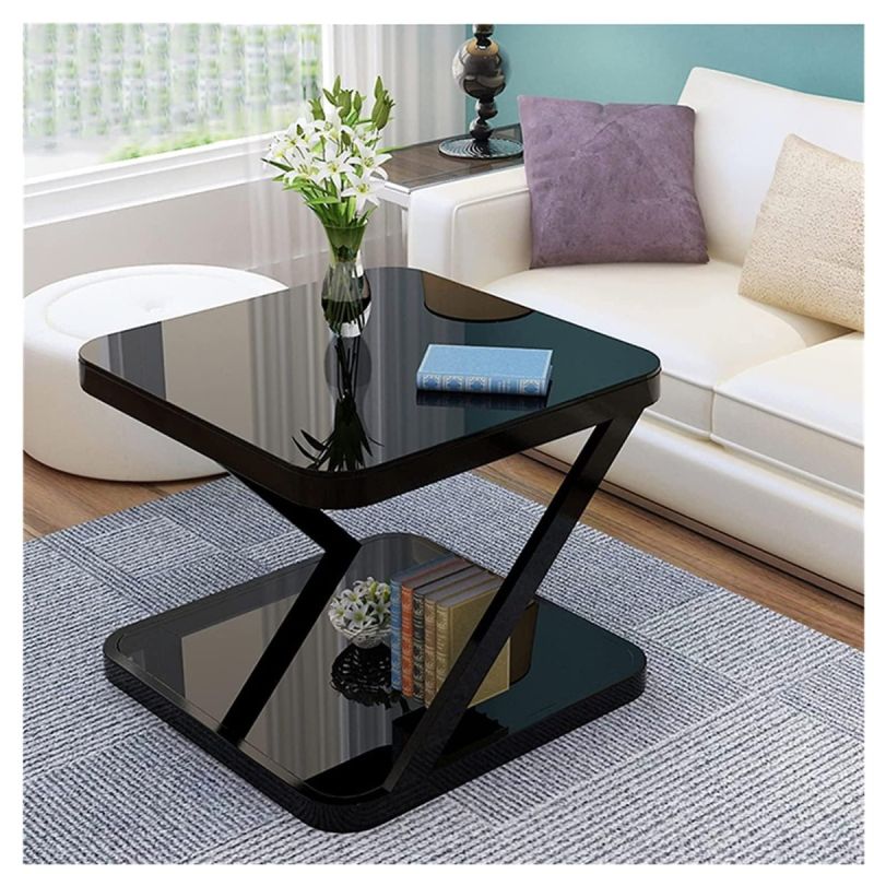 Table basse / Table d’appoint en verre trempé et métal noirs - 50*50 cm - double niveau et design en Z - Élégante et Pratique pour Salon ou Canapé ou Chevet