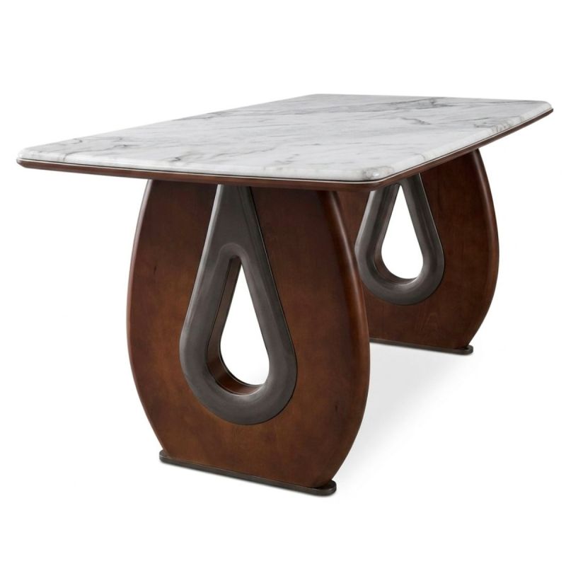 Table de Salle à Manger HB2510145 – 6 places, 160 cm × 90 cm – Plateau Marbre Beige + Base en Bois Sculptée
