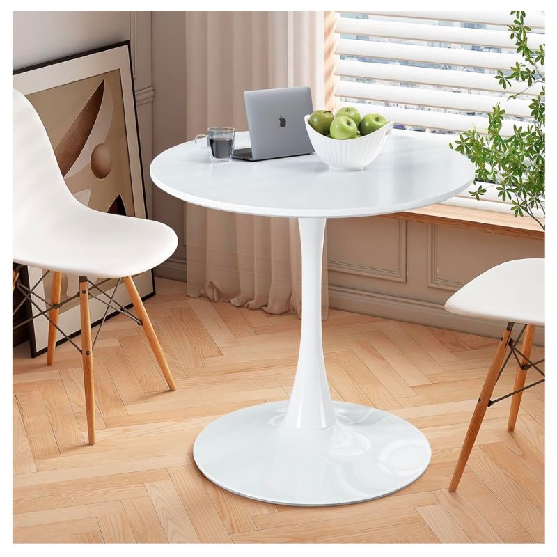 Table à manger ronde blanche avec plateau en MDF et socle en métal - 80 cm x 80 cm (pour 2 à 4 personnes) - Design tulipe