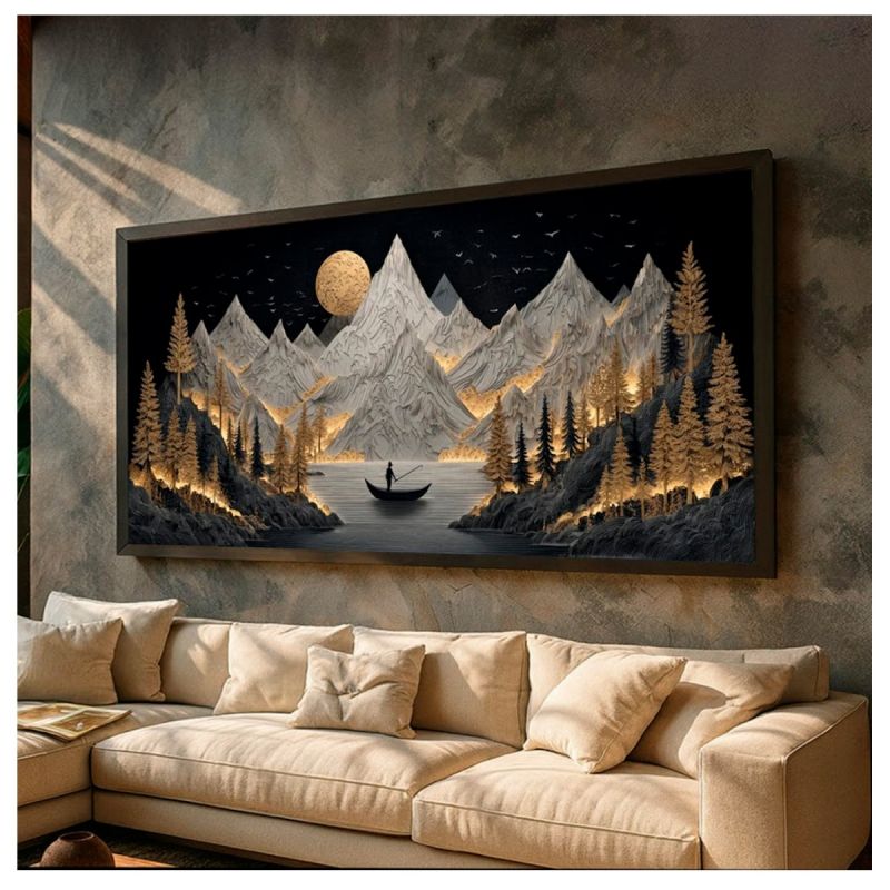 Tableau Décoratif - Clair de Lune Doré - Toile Imprimée Effet 3D - Multicolore