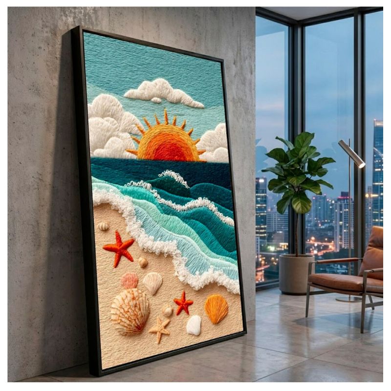 Tableau Décoratif - Coucher de soleil sur la plage - Toile Effet 3D avec Cadre en Bois