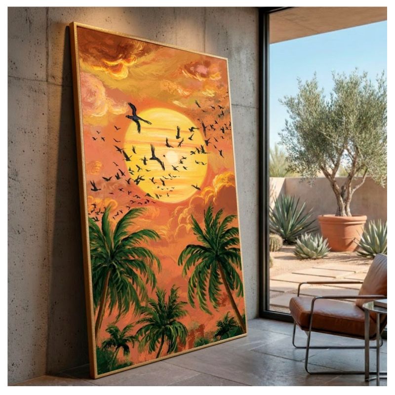 Tableau Décoratif - Coucher de soleil tropical - Toile Effet 3D avec Cadre en Bois
