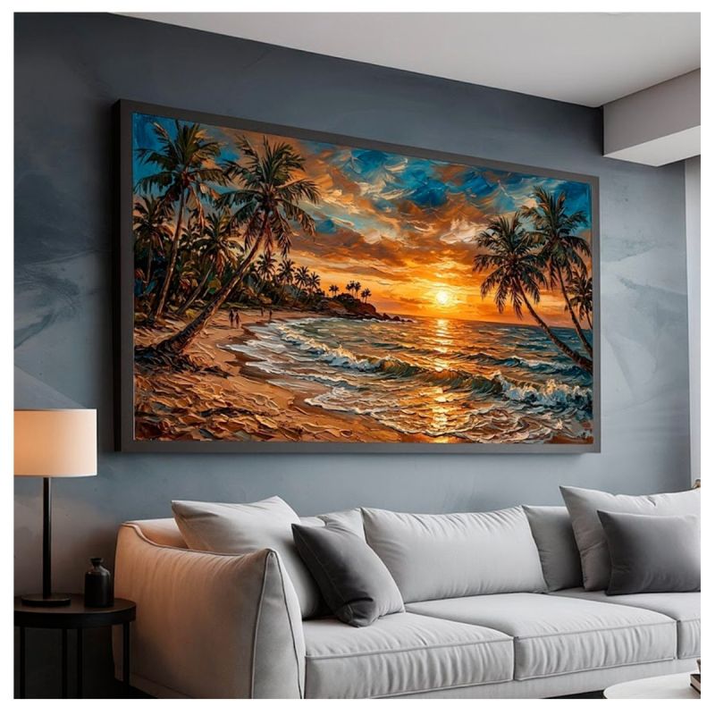 Tableau Décoratif - Coucher de soleil tropical sur la plage 2 - Toile Effet 3D avec Cadre en Bois