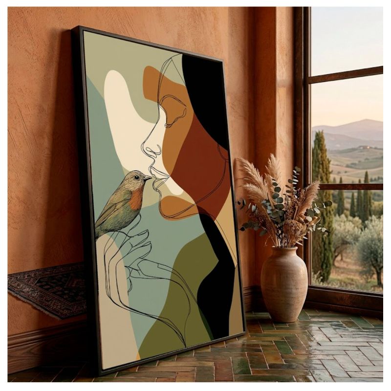 Tableau Décoratif - Femme abstraite avec oiseau - Toile Effet 3D avec Cadre en Bois