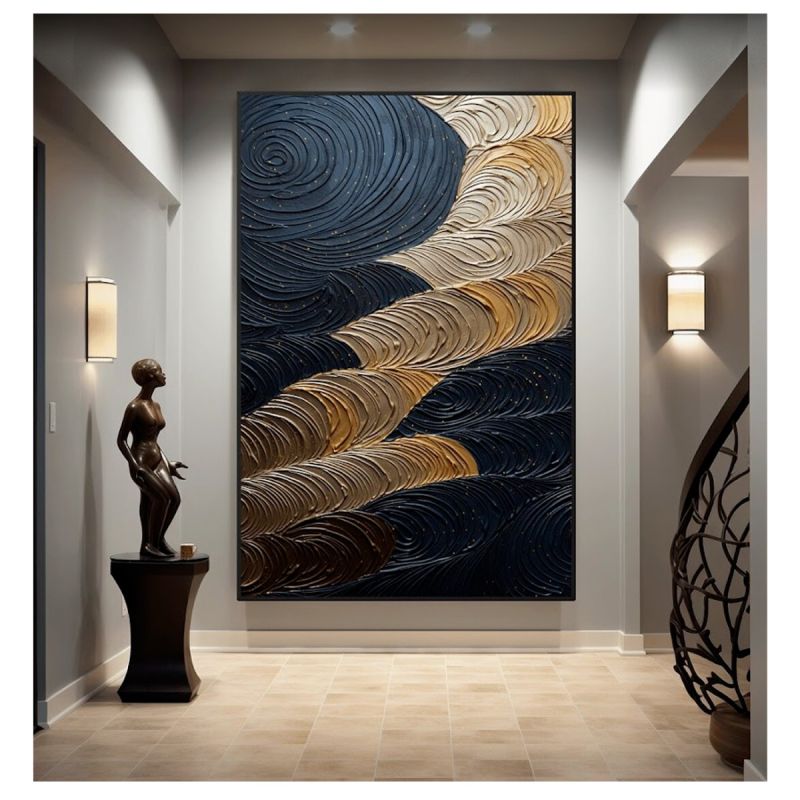 Tableau Décoratif Abstrait Noir et Or, toile effet 3D et cadre en bois, prix Cameroun. 