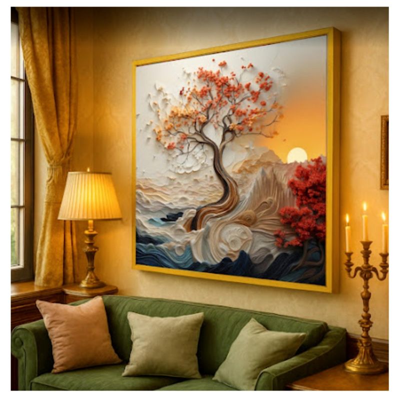 Tableau Décoratif Arbre d'Automne, Toile murale effet 3D avec cadre en bois, prix Cameroun.