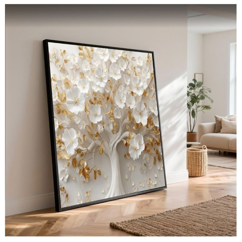 Tableau Décoratif Arbre de Fleurs Blanches – Toile Murale Effet 3D avec cadre en bois, prix Cameroun. 