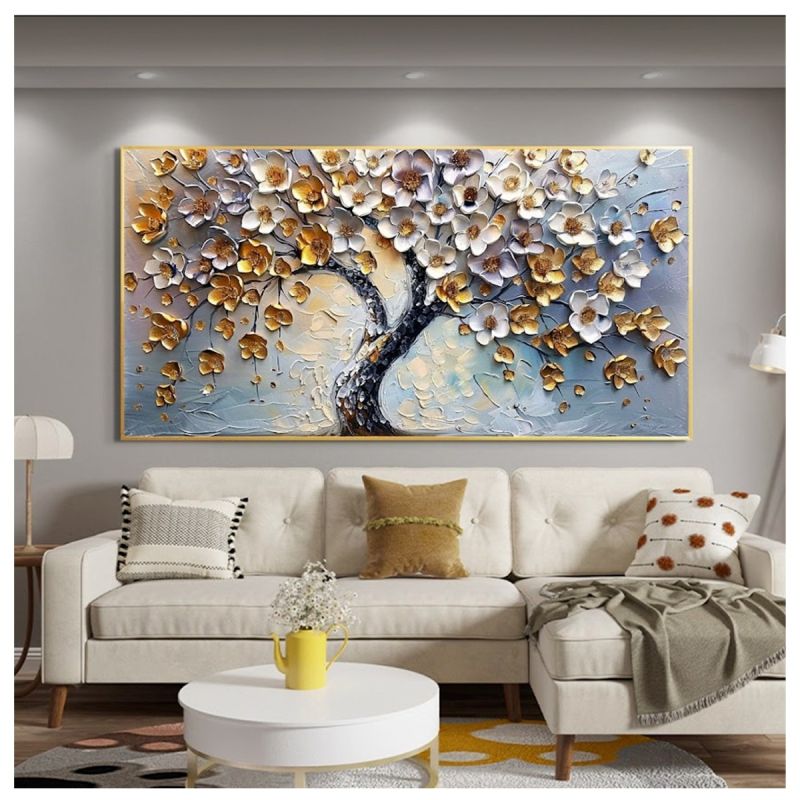 Tableau Décoratif Arbre en Fleurs, Toile Effet 3D avec Cadre en Bois Massif