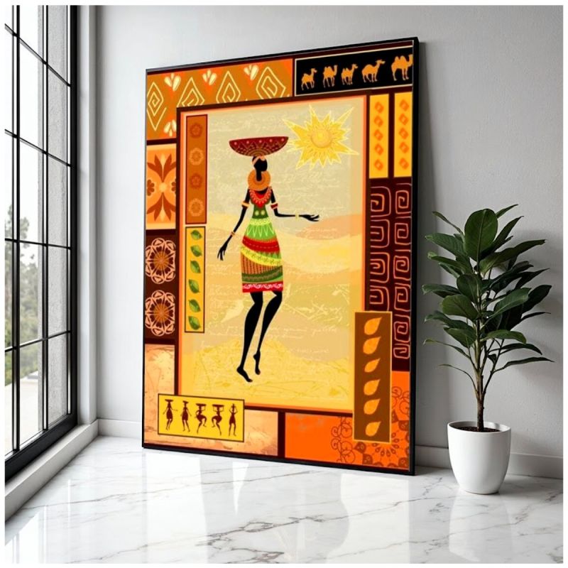 Tableau Décoratif – Femme tribale africaine – Toile Multicolore avec cadre en bois