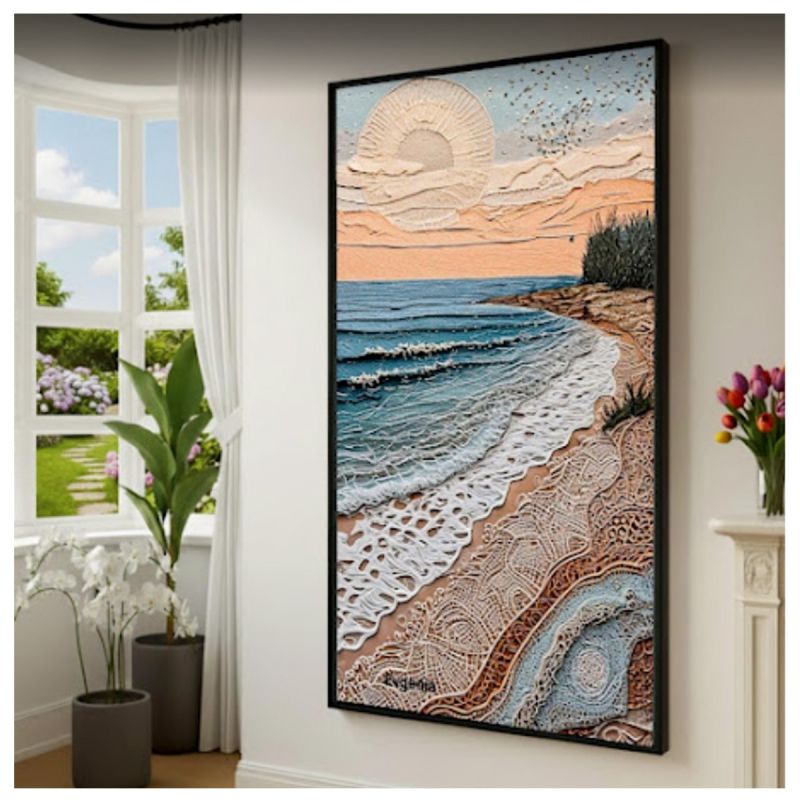 Tableau décoratif mural - Générique - Bordure de Mer Couché de Soleil - Toile Texturée Relief 3D Multicolore
