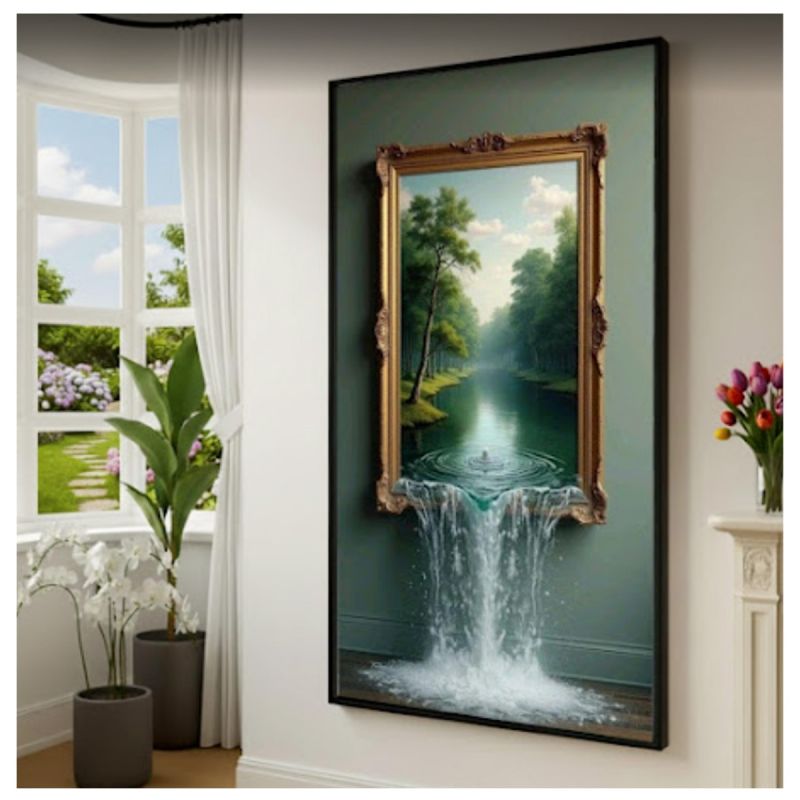 Tableau décoratif mural - Cadre Chute d'Eau Trompe-l'Œil - Vert et Doré Multicolore