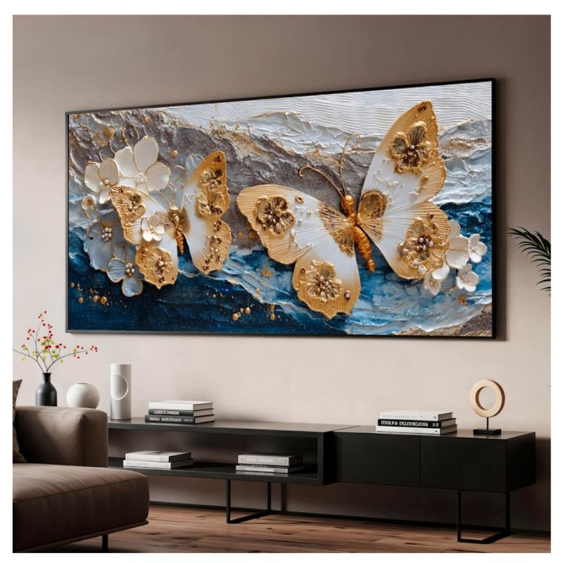 Tableau décoratif – Papillon Doré 2 – Toile imprimée effet 3D – Cadre en bois massif