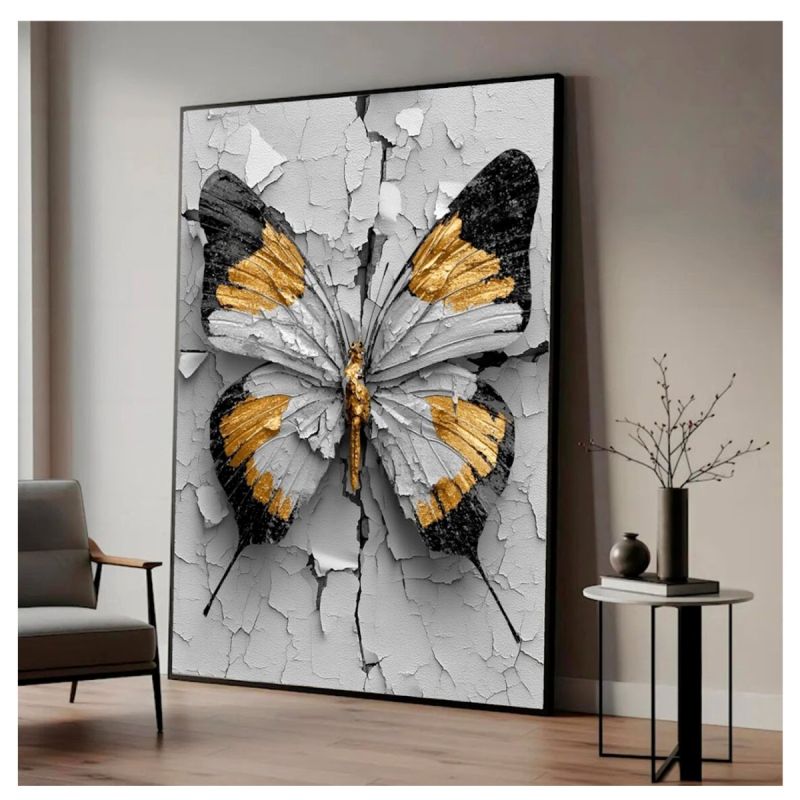 Tableau décoratif – Papillon Doré – Toile imprimée effet 3D – Cadre en bois massif