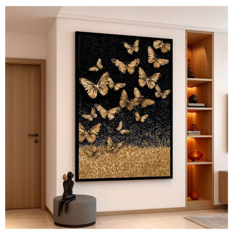 Tableau décoratif – Papillons Dorés 3 – Toile imprimée effet 3D – Cadre en bois massif