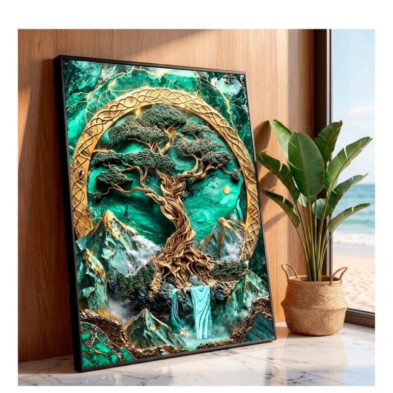 Tableau décoratif – Paysage Abstrait Émeraude – Toile imprimée effet 3D – Cadre en bois massif